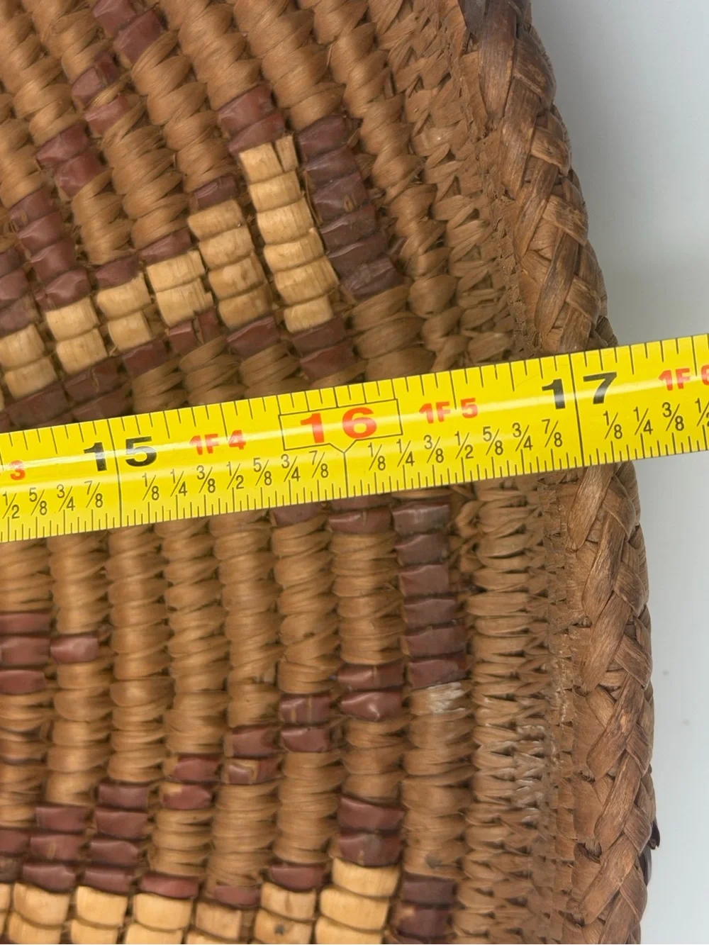 Vintage Hand Coiled Woven Basket Tray With Handles Geometric Boho Decor Brown